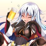  1girl alcohol beer beer_mug black_gloves blush closed_eyes cup drunk fate/grand_order fate_(series) gloves grimjin highres long_hair mug multicolored_hair nagao_kagetora_(fate) spread_legs thighhighs two-tone_hair white_hair 