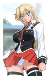  1girl ass_visible_through_thighs bible_black black_legwear blonde_hair blue_eyes cosplay eyebrows_visible_through_hair hair_between_eyes hand_on_hip long_hair looking_at_viewer lyrical_nanoha mahou_shoujo_lyrical_nanoha necktie panties pleated_skirt red_skirt sakura_ryuuken school_uniform shirt skirt solo teana_lanster thighhighs underwear white_panties white_shirt 