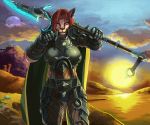  anthro armor breasts brown_body brown_fur canid canine canis cape clothed clothing detailed_background ear_piercing fangs female fox fur hair heterochromia holding_object holding_weapon hybrid link2004 mammal melee_weapon open_mouth open_smile partially_clothed piercing pink_eyes polearm red_hair scar smile solo spear weapon white_eyes wolf 