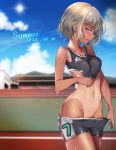  1girl bare_arms bare_shoulders black_shorts blue_sky blush breasts collarbone cowboy_shot dated day english_text groin highres lens_flare looking_at_viewer mayoichi medium_breasts navel number one-piece_tan open_mouth original outdoors profile pulled_by_self red_eyes short_hair shorts shorts_pull silver_hair sky solo sports_bra stomach sun sweat tan tanline track_and_field underboob wet 