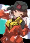  1girl black_gloves black_headwear blush bob_cut breasts brown_eyes brown_hair closed_mouth commentary_request dynamax_band eyelashes gloria_(pokemon) gloves hand_on_headwear helmet highres jacket master_dojo_uniform one_eye_closed orange_jacket orange_pants pokemon pokemon_(game) pokemon_swsh smile solo umiru zipper_pull_tab 