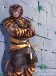  2020 anthro baiyushou belt biceps blue_eyes bottomwear brown_body brown_fur brown_hair bulge claws clothed clothing crossed_arms ear_piercing ear_ring facial_hair fangs felid final_fantasy final_fantasy_xiv fur hair headgear headwear hi_res hrothgar leaning leaning_on_wall male mammal muscular muscular_anthro muscular_male open_mouth pecs piercing pinup pose robe sharp_teeth shorts smile solo square_enix standing striped_body striped_fur stripes teeth tongue triceps video_games wall_(structure) yellow_stripes 