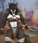  2017 abs anthro arm_markings athletic athletic_anthro athletic_female axe barbarian big_breasts biohazardcreature biped black_body black_fur black_hair black_nose blue_eyes bodypaint bra breasts building burning burning_building canid canine cerine_(vulpinehero) claws cleavage clothed clothing countershade_face countershade_torso countershading digital_media_(artwork) facial_markings female fire fox fur green_eyes hair hand_markings head_markings heterochromia hi_res holding_axe holding_object holding_weapon leg_markings leg_wraps loincloth long_hair looking_at_viewer mammal markings melee_weapon multicolored_body multicolored_fur muscular muscular_anthro muscular_female navel outside solo thigh_markings two_tone_body two_tone_fur underwear war_paint warrior weapon white_body white_fur wraps wrist_wraps 