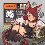  1girl animal_ear_fluff animal_ears bangs black_legwear black_panties blush breasts cat_ears cat_tail cleavage english_text hair_ornament hairclip highres jacket keyboard_(computer) looking_at_viewer lying mouse_(computer) nancou_(nankou) navel on_side open_clothes open_jacket original panties red_hair short_hair small_breasts solo swept_bangs tail tank_top thighhighs underwear yellow_eyes 
