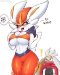  2020 ambiguous_gender anthro blush breasts cinderace female fur hi_res japanese_text kyodashiro lagomorph mammal nintendo orange_body orange_fur pok&eacute;mon pok&eacute;mon_(species) raboot simple_background size_difference text thick_thighs video_games white_background white_body white_fur 