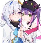  2girls amane_kanata angel_wings bibi_(tokoyami_towa) blue_hair collar ear_piercing earrings eyebrows_visible_through_hair fang feathered_wings green_eyes hair_over_one_eye hat highres holding_hands hololive interlocked_fingers jewelry long_hair multicolored_hair multiple_girls off-shoulder_sweater off_shoulder ohiru_0610 piercing purple_eyes purple_hair sailor_collar short_hair silver_hair simple_background skin_fang smile streaked_hair sweater tokoyami_towa upper_body virtual_youtuber white_background wings 