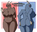  2020 absurd_res anthro big_breasts big_butt blue_body blue_fur bone_(comic) breasts brown_body brown_fur brown_nipples butt duo english_text female front_view fur genitals gesture hand_on_butt hi_res horn huge_breasts looking_at_viewer looking_back looking_back_at_viewer mammal monster nipples pussy rat_creature rear_view red_eyes slightly_chubby smile surrealatorium text url waving 