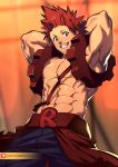  1boy abs armpits arms_behind_head bara boku_no_hero_academia chest highres kirishima_eijirou looking_at_viewer lvlv male_focus muscle navel nipples red_eyes red_hair sharp_teeth shirtless short_hair smile solo spiked_hair teeth 