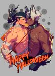  2boys abs animal_ear_fluff animal_ears bandage_over_one_eye bandaged_arm bandages bara bare_chest biceps black_eyes black_hair blush candy chest chest_hair collar couple cropped_torso dark_skin dark_skinned_male dog_boy dog_collar dog_ears dog_tail extra_ears fingernails food halloween halloween_costume happy_halloween highres horns imminent_kiss licking lvlv male_focus multiple_boys mummy_costume muscle navel navel_hair nervous nipples one_eye_closed one_eye_covered orange_hair original pectoral_docking pectoral_press pointy_ears sharp_fingernails short_hair sideburns silver_hair string sweatdrop tail tongue tongue_out veins yaoi 