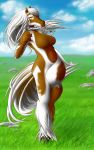 anthro cloud digital_media_(artwork) equid equine female hi_res horse mammal nude pasture pose rock shaded solo standing unknown_artist walking 