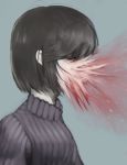  1girl aqua_background black_hair closed_eyes grey_sweater guro highres original ribbed_sweater short_hair simple_background sneezing solo sumosamo sweater turtleneck turtleneck_sweater upper_body 