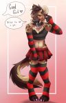  &lt;3 anthro arm_warmers armwear blush bottomwear clothed clothing collar colored_nails crop_top crossdressing dialogue felix_(kingofyeens) fluffy fluffy_tail girly good_girl hi_res hyaenid inner_ear_fluff legwear looking_at_another male mammal nails neck_tuft orange_eyes plaid_skirt shirt skirt skirt_pull smile solo speech_bubble spots spotted_hyena text thigh_highs topwear tuft waywardlycan 