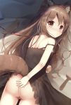  1girl animal_ear_fluff animal_ears ass bandaid bandaid_on_pussy bangs blush brown_eyes brown_hair brush chemise collar comb eyebrows_visible_through_hair highres leash long_hair looking_at_viewer looking_back no_panties original psyche3313 solo strap_slip tail 