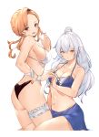  2girls ahoge bangs bare_shoulders between_legs bikini blue_bikini blue_skirt breasts brown_eyes brown_hair cleavage frills granblue_fantasy hair_between_eyes halterneck highres long_hair looking_at_viewer majo_(pastamajo) multiple_girls navel sideboob silva_(granblue_fantasy) silver_hair sitting skirt song_(granblue_fantasy) standing strap_gap swept_bangs swimsuit thigh_strap white_bikini yellow_eyes yuri 