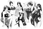  1girl alternate_costume arm_support armpits bangs banned_artist bare_shoulders bikini bracelet breasts cleavage closed_mouth covered_navel dress earrings fate/grand_order fate_(series) greyscale hat high_ponytail iwamoto_eiri jewelry large_breasts long_hair looking_at_viewer minamoto_no_raikou_(fate/grand_order) monochrome navel necklace one-piece_swimsuit parted_bangs parted_lips sitting skirt smile standing straw_hat sunglasses swimsuit thighs tying_hair very_long_hair white_background 