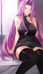  1girl arm_support bare_shoulders bed black_panties breasts collarbone cropped eyes_visible_through_hair fate/stay_night fate_(series) finger_to_mouth heaven&#039;s_feel highres indoors large_breasts long_hair looking_at_viewer nr_noir panties purple_eyes purple_hair ribbed_sweater rider sidelocks sitting sleeveless sleeveless_turtleneck smile sweater thighhighs turtleneck underwear very_long_hair zettai_ryouiki 