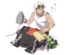  1boy cable clothes commentary_request cutiefly eyewear_on_head fingernails gen_2_pokemon gen_7_pokemon guzma_(pokemon) holding iron ironing_board kneeling looking_at_another male_focus muscle pokemon pokemon_(creature) pokemon_(game) pokemon_sm ryanpei spinarak sunglasses tank_top translation_request watch white_background white_hair white_tank_top wristwatch yellow-framed_eyewear 