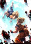  2boys blonde_hair bodysuit boots clenched_hand commentary_request dragon_ball dragon_ball_z energy eye_contact facial_mark forehead_mark halo highres kneeling looking_at_another majin_vegeta male_focus multiple_boys muscle open_mouth sash son_gokuu spiked_hair spread_fingers studio_viga super_saiyan super_saiyan_1 teeth tongue vegeta white_footwear 