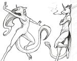  anthro bottomwear breasts clothing dancing duo equis_universe female ki&#039;rinaes male male/female nipples nude pants paws pinup pose sketch smoke sunny_way traditional_drawing_(artwork) traditional_media_(artwork) 