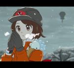  1girl bangs bare_tree black_gloves black_headwear blurry blurry_background bob_cut breath brown_eyes brown_hair cold commentary_request dynamax_band eyelashes gen_8_pokemon gloria_(pokemon) gloves helmet highres jacket letterboxed on_shoulder orange_jacket outdoors pokemon pokemon_(creature) pokemon_(game) pokemon_on_shoulder pokemon_swsh rend snom snowing tree 