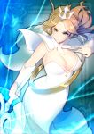  1girl afk_arena aqua_eyes belinda_(afk_arena) braid breasts chromatic_aberration cleavage dress eyebrows_visible_through_hair french_braid highres holding holding_staff large_breasts light_brown_hair open_mouth solo staff tiara tomoyuki_hino v-shaped_eyebrows white_dress 