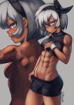  1girl abs armband bangs bea_(pokemon) black_hairband blush bow_hairband crop_top dark_skin grey_eyes grey_hair gym_leader hair_between_eyes hairband highres midriff muscle muscular_female navel pokemon pokemon_(game) pokemon_swsh shinsaku_(stan-art) short_hair shorts tan 