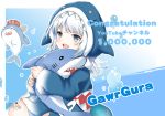  1girl :d animal_hood bangs bloop_(gawr_gura) blue_background blue_eyes blue_hair blue_hoodie character_name commentary_request congratulations eyebrows_visible_through_hair fish_tail gawr_gura grey_nails hololive hololive_english hood hood_up hoodie long_sleeves looking_at_viewer lunacats multicolored_hair nail_polish object_hug open_mouth shark_hood shark_tail sharp_teeth silver_hair sleeves_past_wrists smile streaked_hair stuffed_animal stuffed_shark stuffed_toy tail teeth translation_request virtual_youtuber wide_sleeves 
