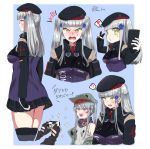  2girls ? bangs beret black_headwear black_skirt blunt_bangs blush breasts brown_eyes cellphone facial_mark fang g11_(girls_frontline) girls_frontline goggles goggles_around_neck green_eyes hair_between_eyes hair_ornament hat heart highres hk416_(girls_frontline) holding holding_phone jacket large_breasts long_hair long_sleeves looking_at_viewer multiple_girls open_mouth phone pleated_skirt scarf self_shot silver_hair skirt smartphone spoken_heart spoken_question_mark thighhighs twintails v yugion 