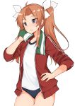  1girl ahoge blue_buruma brown_hair buruma commentary_request cowboy_shot green_towel grey_eyes gym_shirt gym_uniform hair_ribbon highres jacket kagerou_(kantai_collection) kantai_collection long_hair red_jacket ribbon sakikumo_(sakumo) shirt simple_background solo t-shirt towel towel_around_neck track_jacket twintails white_background white_ribbon white_shirt 