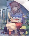  1girl bag bare_shoulders barefoot blonde_hair dress eating fern food french_fries hair_between_eyes hair_ribbon handbag highres holding holding_umbrella long_hair mcdonald&#039;s open_mouth original rain red_dress red_ribbon ribbon stuffed_toy umbrella vierzeck yellow_eyes 