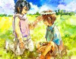  2boys athrun_zala blue_hair brown_hair child field flower_wreath green_eyes gundam gundam_seed head_wreath jtr kira_yamato male_focus multiple_boys outdoors purple_eyes scarf short_hair shorts sitting smile younger 