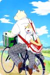  2015 2:3 anthro backpack bicycle bottomwear canid canine canis clothing detailed_background domestic_dog duo hi_res kemono male mammal necktie nico26b outside pants polar_bear shirt sitting topwear ursid ursine 