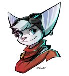  2020 alpha_channel anthro blue_eyes ear_piercing eyewear female fur goggles goggles_on_head hair hi_res lombax mammal markings piercing pink_nose purple_body purple_fur purple_hair purple_markings ratchet_and_clank rift_apart_lombax scarf signature simple_background smile solo sony_corporation sony_interactive_entertainment thexeromind transparent_background video_games 