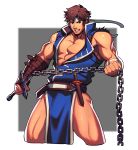  1boy abs bandages bara bare_chest belt blue_eyes brown_hair bulge castlevania chain chest cropped_legs facial_hair headband highres holding holding_weapon jacket lvlv male_focus muscle open_clothes open_jacket pelvic_curtain richter_belmont short_hair sideburns sleeveless solo stubble thick_thighs thighs torn_clothes weapon whip 