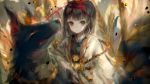  1girl black_eyes blurry brown_hair hair_ribbon hanchan jewelry looking_at_viewer miketsu_(onmyoji) necklace onmyoji red_ribbon ribbon short_hair wheat wolf 