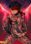  1boy abs avenger bandages black_eyes black_hair censored chest cropped_legs dark_skin dark_skinned_male erection fate/hollow_ataraxia fate/stay_night fate_(series) full_body_tattoo headband highres lvlv male_focus male_masturbation masturbation mosaic_censoring muscle navel nipples nude penis_grab short_hair solo tattoo testicles thighs 