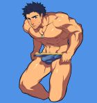  1boy abs bara bare_chest blue_background blush briefs bulge chest cropped_legs dark_blue_hair erection erection_under_clothes jewelry leaning_forward lvlv male_focus muscle navel navel_hair necklace nipples original short_hair sideburns solo sweatdrop thick_thighs thighs underwear undressing 