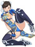  1girl alternate_costume alternate_legwear bangs black_gloves black_legwear blue_dress blue_panties blush breasts brown_eyes brown_hair bun_cover chun-li double_bun dress fingerless_gloves full_body gloves greaves highleg highleg_panties highres knee_pads leg_lift looking_away medium_breasts no_bra on_ground open_mouth panties pelvic_curtain_aside puffy_short_sleeves puffy_sleeves revealing_clothes shigenobu shoes short_hair short_sleeves sideboob slender_waist sneakers solo spread_legs street_fighter street_fighter_v studded_bracelet sweat swept_bangs thick_thighs thighhighs thighs underwear white_background 