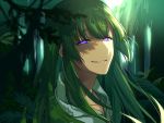  1boy androgynous bangs character_request check_character commentary dappled_sunlight dated_commentary eyebrows_visible_through_hair fate/grand_order fate_(series) foliage forest green_hair kingu_(fate) long_hair looking_at_viewer male_focus nature outdoors parted_lips purple_eyes robe sayshownen smile solo sunlight upper_body 