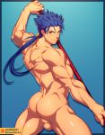  1boy ass back bara blue_hair completely_nude cropped_legs cu_chulainn_(fate)_(all) earrings fate/grand_order fate/stay_night fate_(series) fighting_stance from_behind gae_bolg highres holding holding_weapon jewelry lancer long_hair lvlv male_focus muscle nude patreon_username polearm ponytail red_eyes sideburns solo spear testicles thick_thighs thighs weapon 