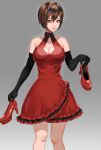  1girl bangs bare_shoulders black_gloves breasts brown_eyes brown_hair cleavage cleavage_cutout clothing_cutout collarbone commentary dress elbow_gloves frilled_dress frills gloves grey_background hair_between_eyes high_heels highres holding holding_shoes medium_breasts meiko meriko parted_lips red_dress red_footwear red_lips shiny shiny_footwear shoes shoes_removed short_hair solo standing vocaloid 