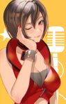  1girl bangs bare_shoulders bracelet breasts brown_eyes brown_hair cleavage closed_mouth commentary_request crop_top hair_between_eyes hand_on_own_cheek jewelry large_breasts meiko meriko microphone nail_polish one_eye_closed red_nails red_shirt shirt short_hair sleeveless smile vocaloid yellow_background 