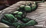  16:10 2018 alien alien_humanoid ambiguous_gender bed butt full-length_portrait furniture green_body green_skin humanoid looking_at_viewer lying mass_effect not_furry nude on_bed on_front palavenmoons portrait salarian solo video_games widescreen 
