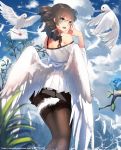  1girl angel angel_wings bare_shoulders bird branch cloud dress fern green_eyes hands_together highres leg_warmers letter lipstick looking_at_viewer looking_back makeup open_mouth original pleated_skirt scenery skirt sky vierzeck water white_dress wings 