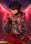  1boy abs avenger bandages black_eyes black_hair chest cropped_legs dark_skin dark_skinned_male fate/hollow_ataraxia fate/stay_night fate_(series) full_body_tattoo headband highres lvlv male_focus muscle navel nipples shirtless short_hair solo tattoo thighs 