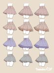  blue_skirt brown_background cross-laced_clothes cross-laced_skirt frills green_skirt nanananoka no_humans orange_skirt original pleated_skirt red_skirt signature simple_background skirt variations 