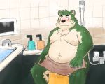  2020 5:4 anthro bathroom belly blush canid canine canis domestic_dog fur green_body green_fur kemono live-a-hero male mammal mokdai moobs navel nipples overweight overweight_male sitting solo towel video_games yaki_atsuage 