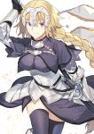  1girl armor armored_dress blonde_hair breasts fate/grand_order fate_(series) gloves hair_between_eyes headpiece highres jeanne_d&#039;arc_(fate) jeanne_d&#039;arc_(fate)_(all) large_breasts looking_at_viewer nikame over_shoulder polearm purple_eyes purple_legwear smile solo standard_bearer sword sword_over_shoulder thighhighs thighs weapon weapon_over_shoulder white_background 