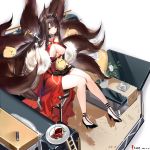  1girl absurdres akagi_(azur_lane) akagi_(blushing_intoxication)_(azur_lane) animal_ears azur_lane bag bangs bare_shoulders black_footwear black_gloves blush breasts brown_hair choker cleavage closed_eyes cup dated dress fingerless_gloves food fox_ears fox_girl fox_tail gloves high_heels highres holding holding_cup large_breasts long_hair looking_at_viewer manjuu_(azur_lane) multiple_tails pork_belly_(artist) pouring_onto_self red_dress red_eyes signature sitting solo tail very_long_hair 