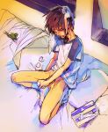  1boy bed blush brown_hair closed_eyes erection gundam gundam_seed jtr kira_yamato male_masturbation masturbation open_mouth penis pillow robot_animal short_hair solo torii_(gundam) 